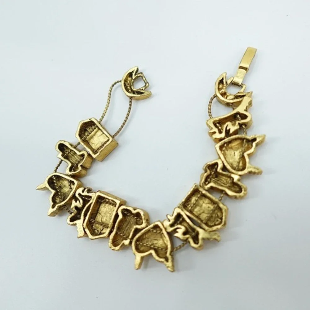 VTG Gold‎ Tone Religious Bracelet Praying Hands Angel Dove Panel Ornate 7